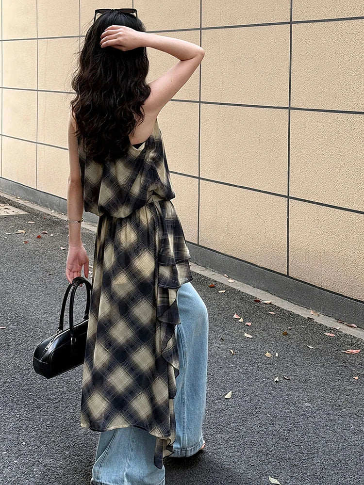 Plaid Asymmetric Halter High-Low Top