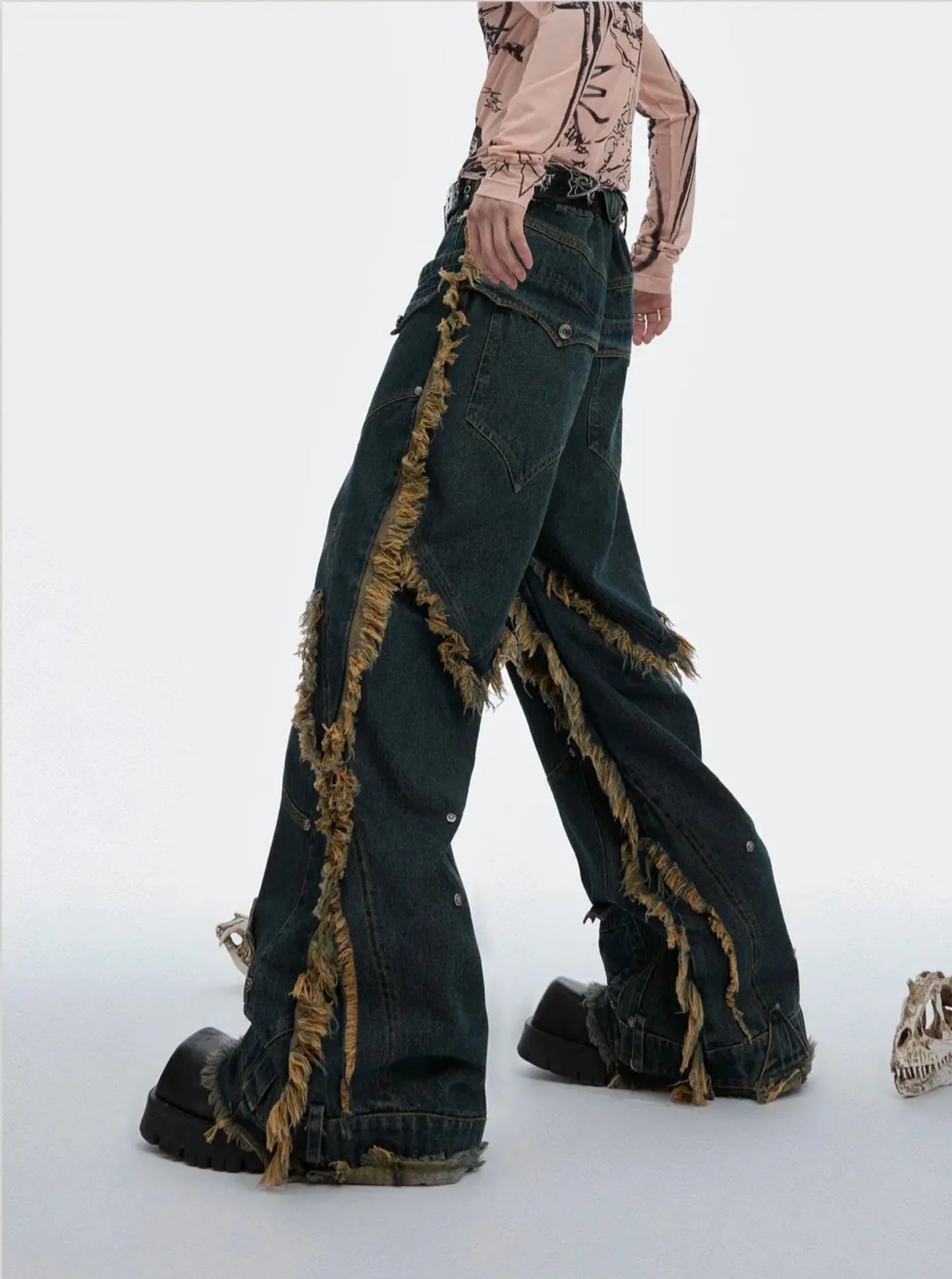 Men's Distressed Denim Baggy Cargo Jeans
