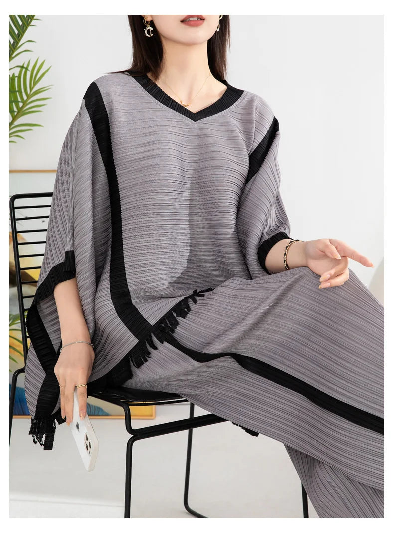 Luxe Shawl Plissé Pleated Top & Wide Leg Pants