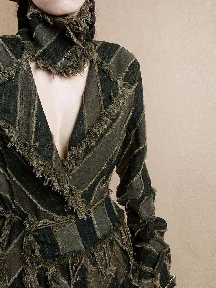 Striped Rustic Denim Trench Coat