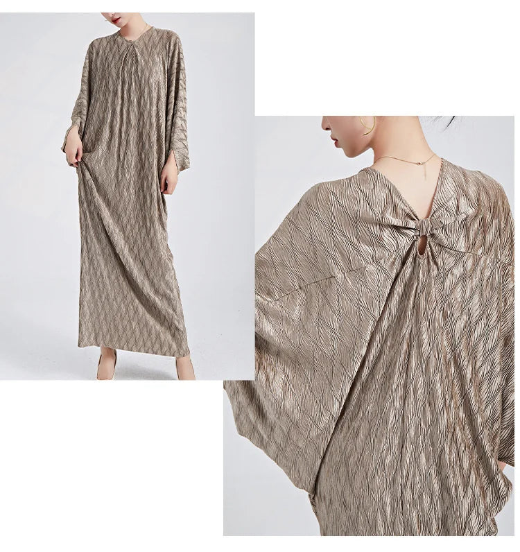 Genuine Pleated Batwing Sleeve Midi Dress