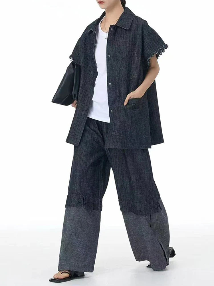 Cotton Denim Wide-Leg Pants with Elastic Waistband