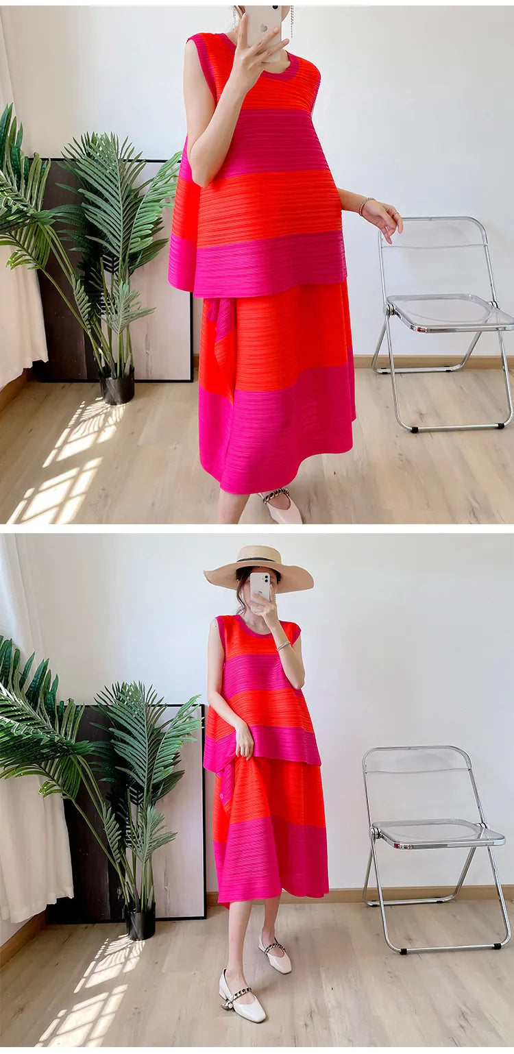 Casual Pleated Striped Top & Pull-On Skirt Set