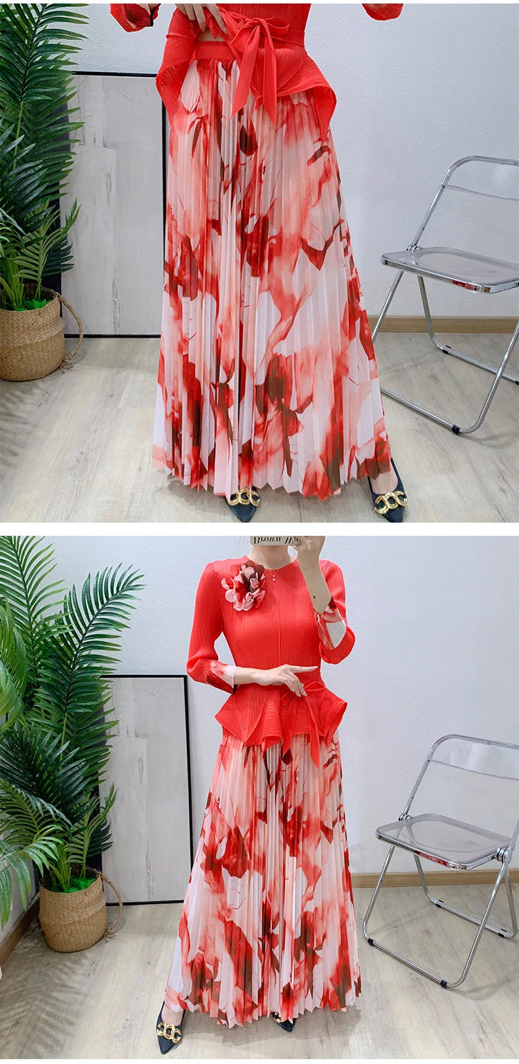 Unique Luxury Pleated Floral Top & Skirt Set