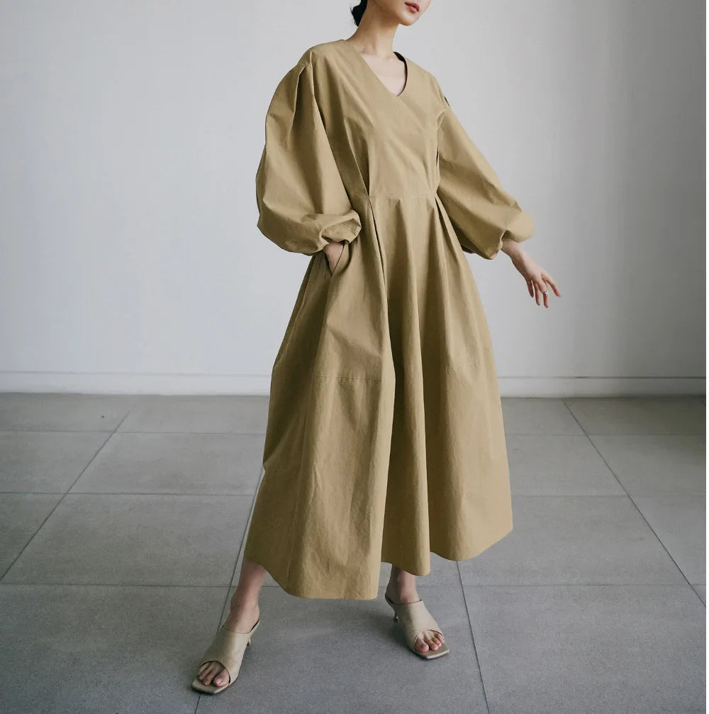 Luxe Balloon Cotton Blend Midi Dress with Pockets