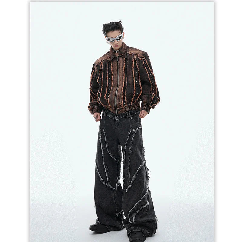 Men's Brown Denim Jacket with Padded Shoulders