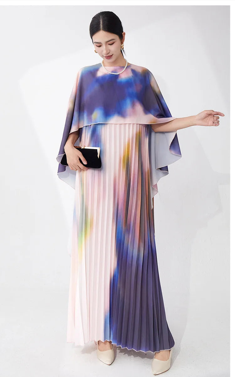 Pleated Watercolor Cape Dress