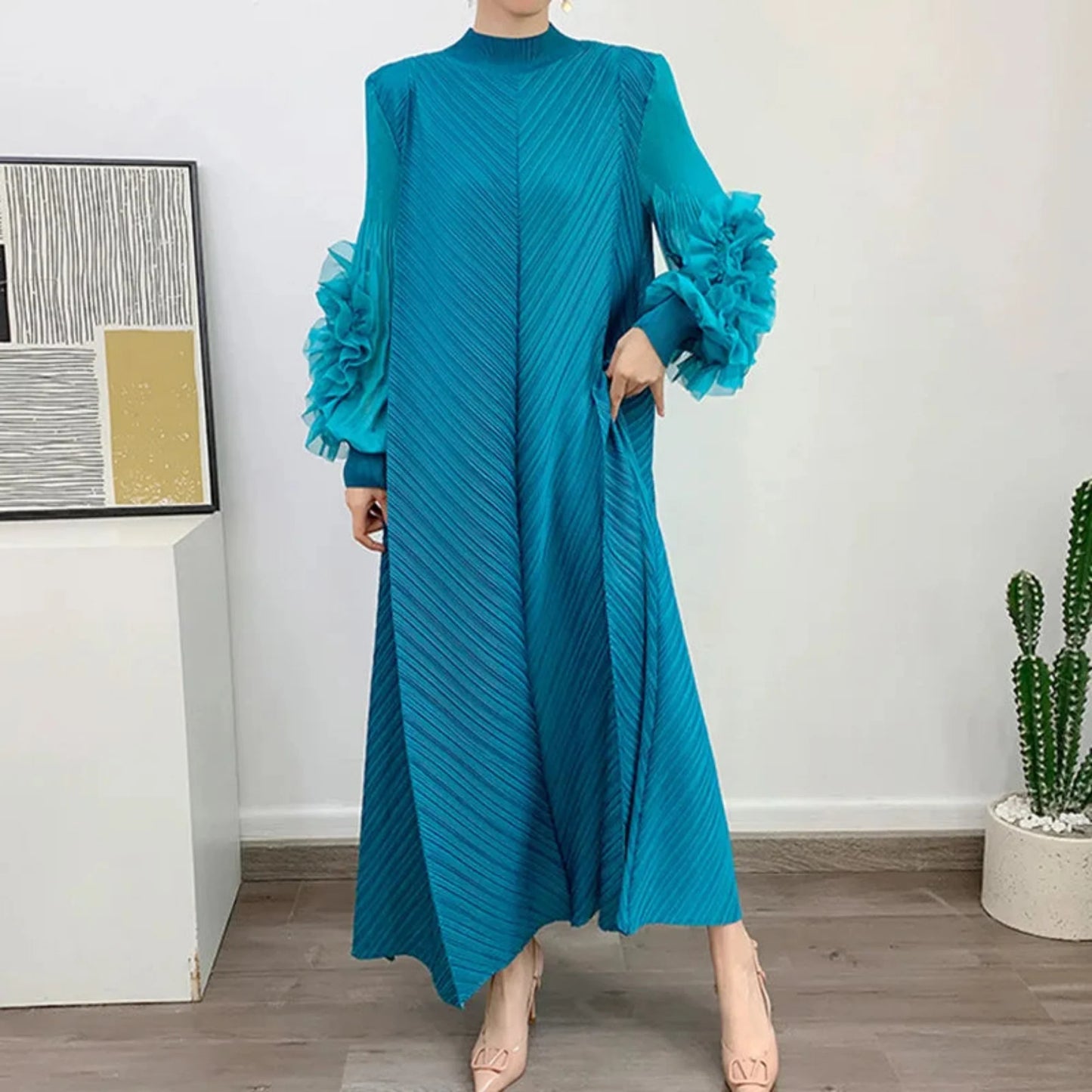 Japanese Plisse Pleated Ruffle Sleeves Midi Dress