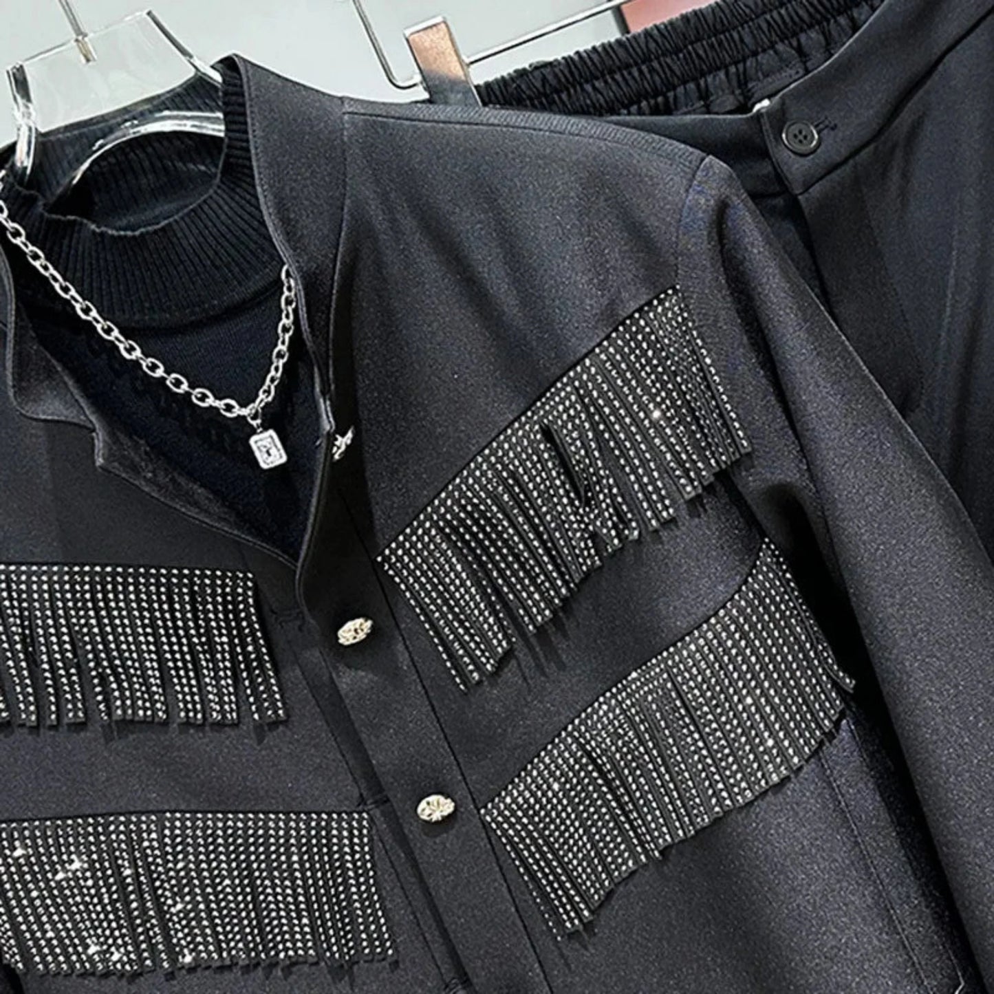 Men's Black Rhinestone Tassel Suit