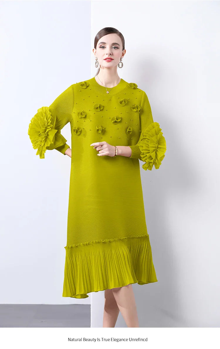 Cocktail Party Dress - Pleated Midi, Statement Sleeves