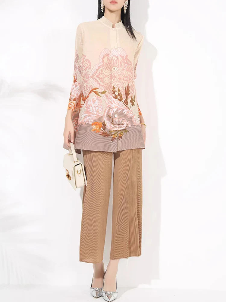 Luxury Floral Pleated Blouse & Wide-Leg Pant Set