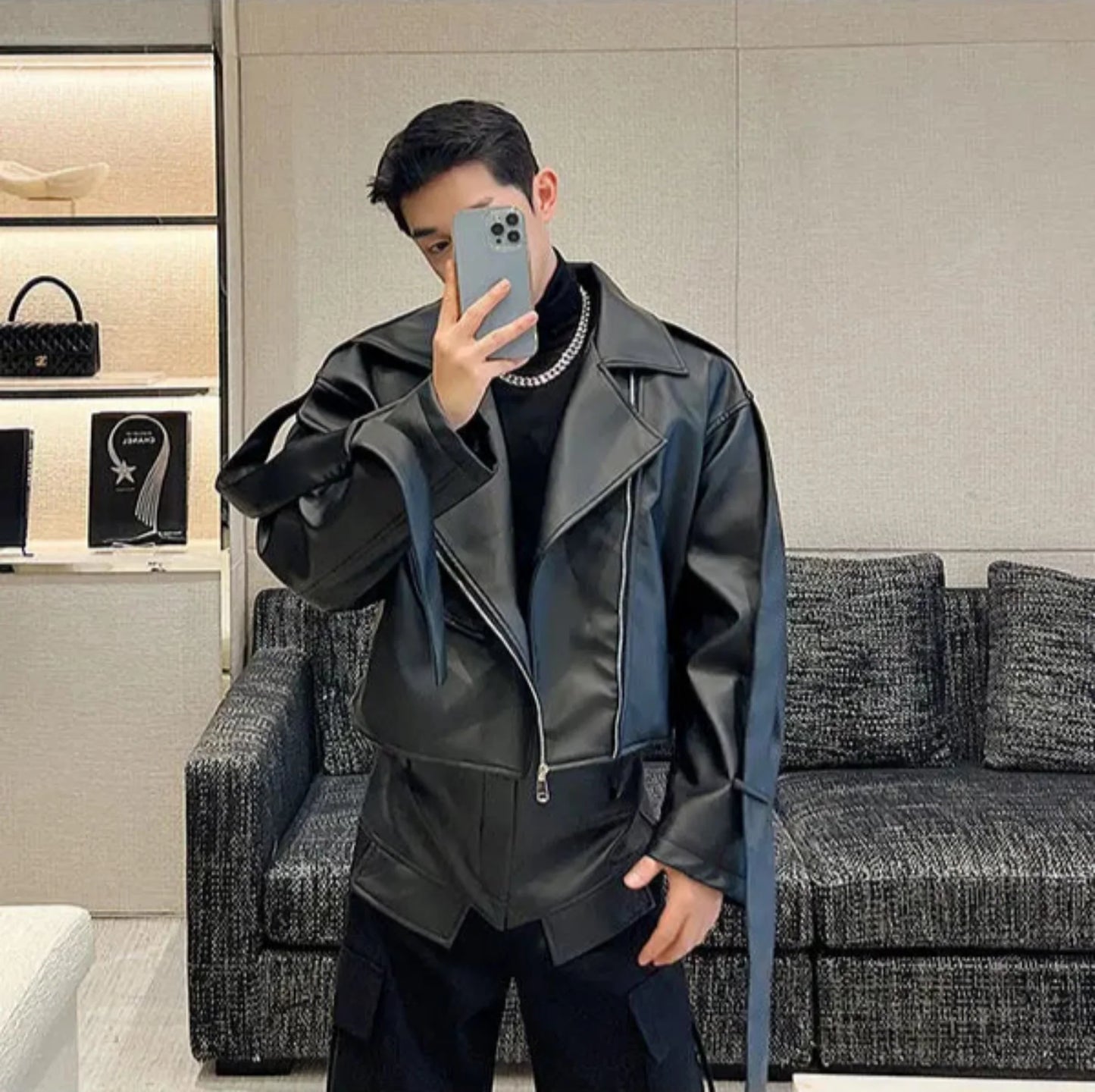 Men's Black Vegan Leather Streetwear Set