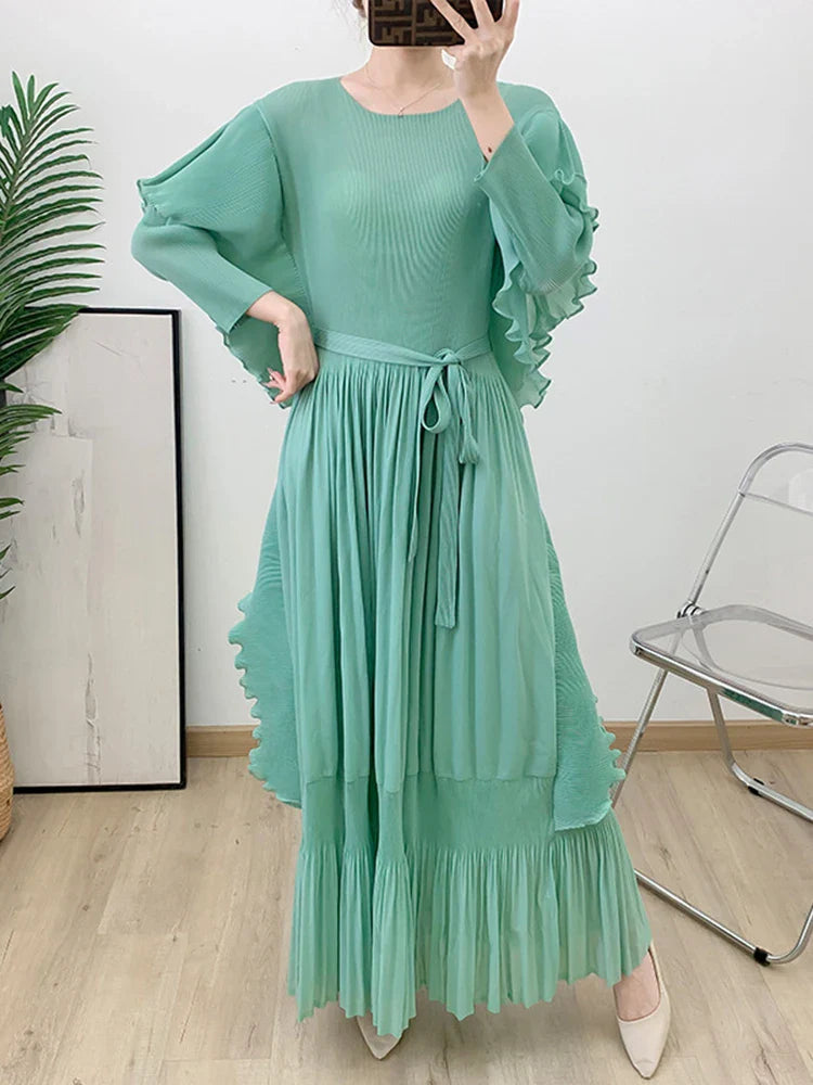 Designer Pleated Midi Dress - Ruffle Detail