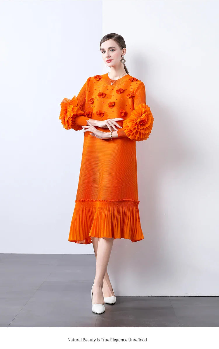 Cocktail Party Dress - Pleated Midi, Statement Sleeves