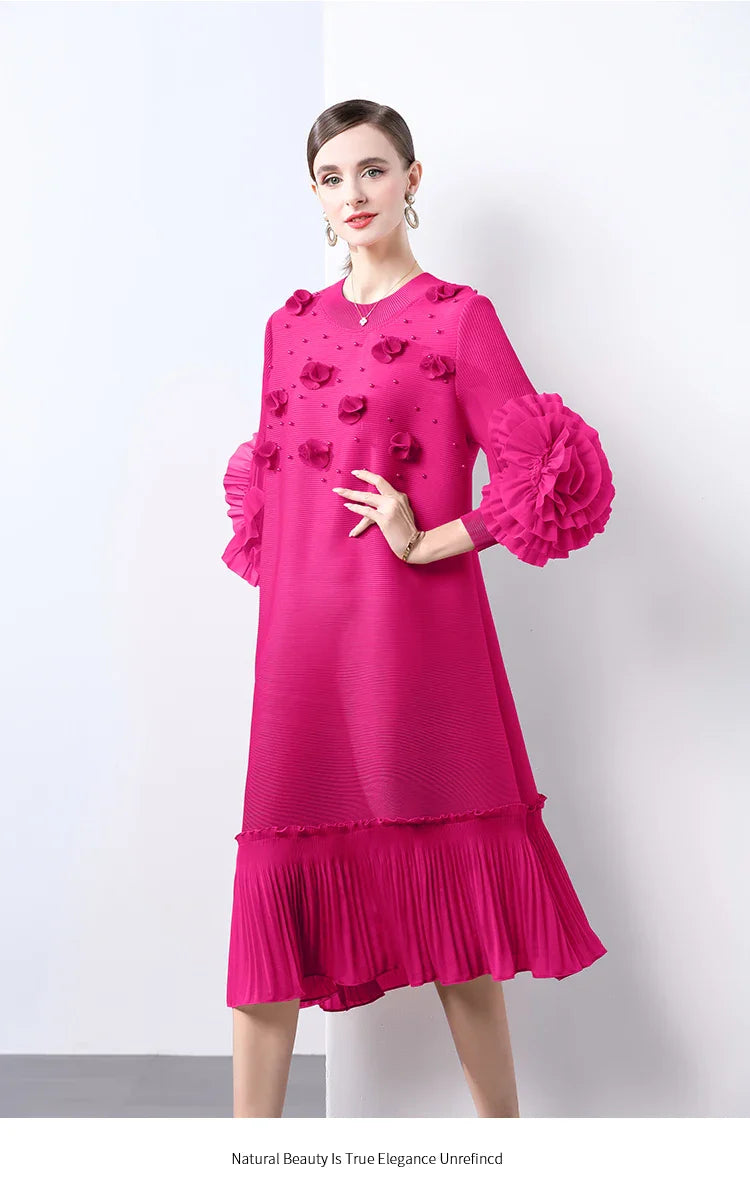 Cocktail Party Dress - Pleated Midi, Statement Sleeves