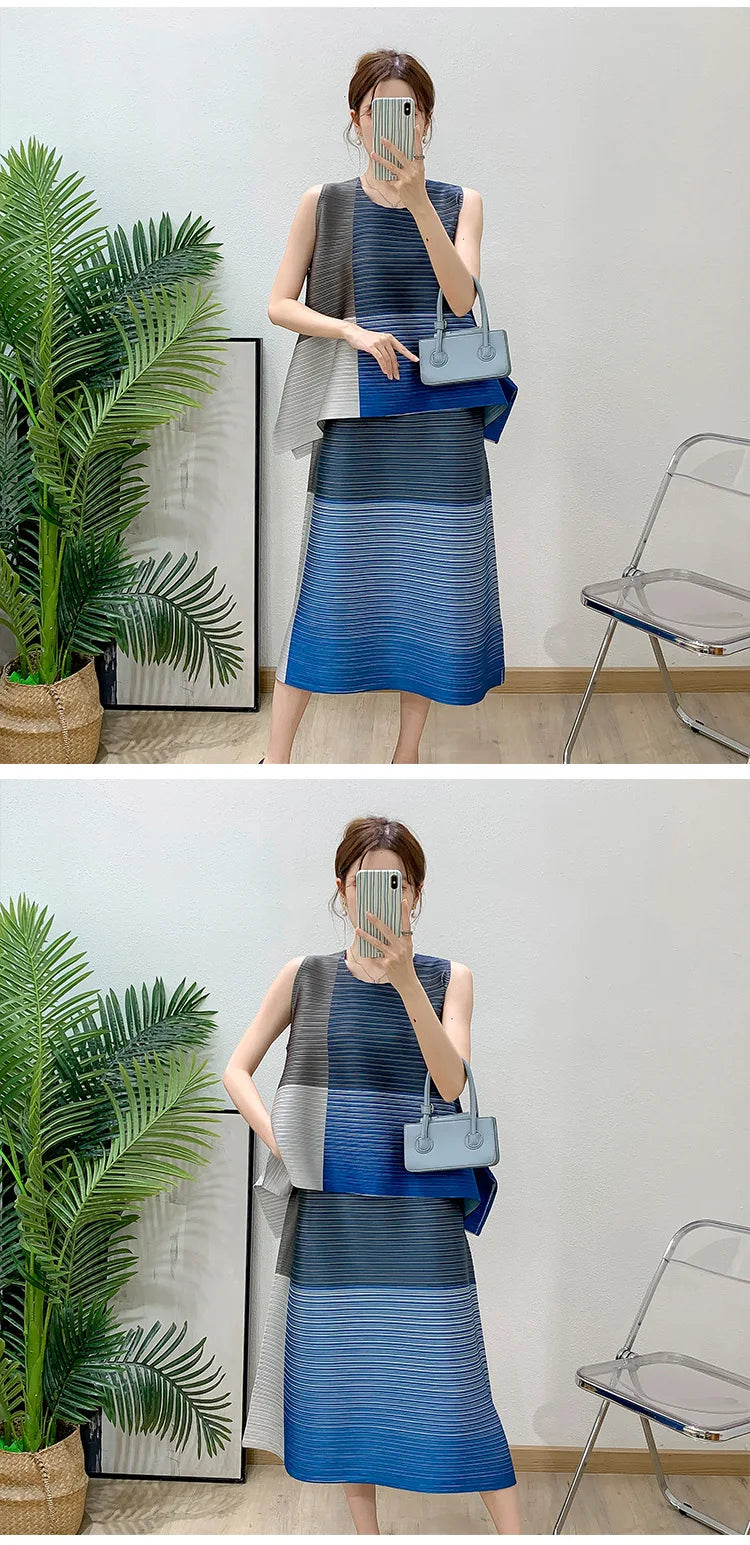 Asymmetric Pleated Sleeveless Top & Skirt