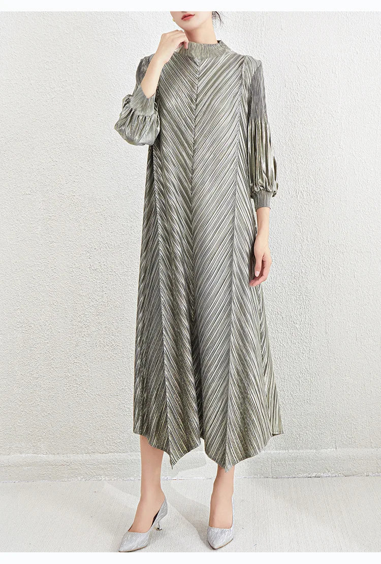 Metallic Pleated Midi Dress with Mock Neck & Bishop Sleeves