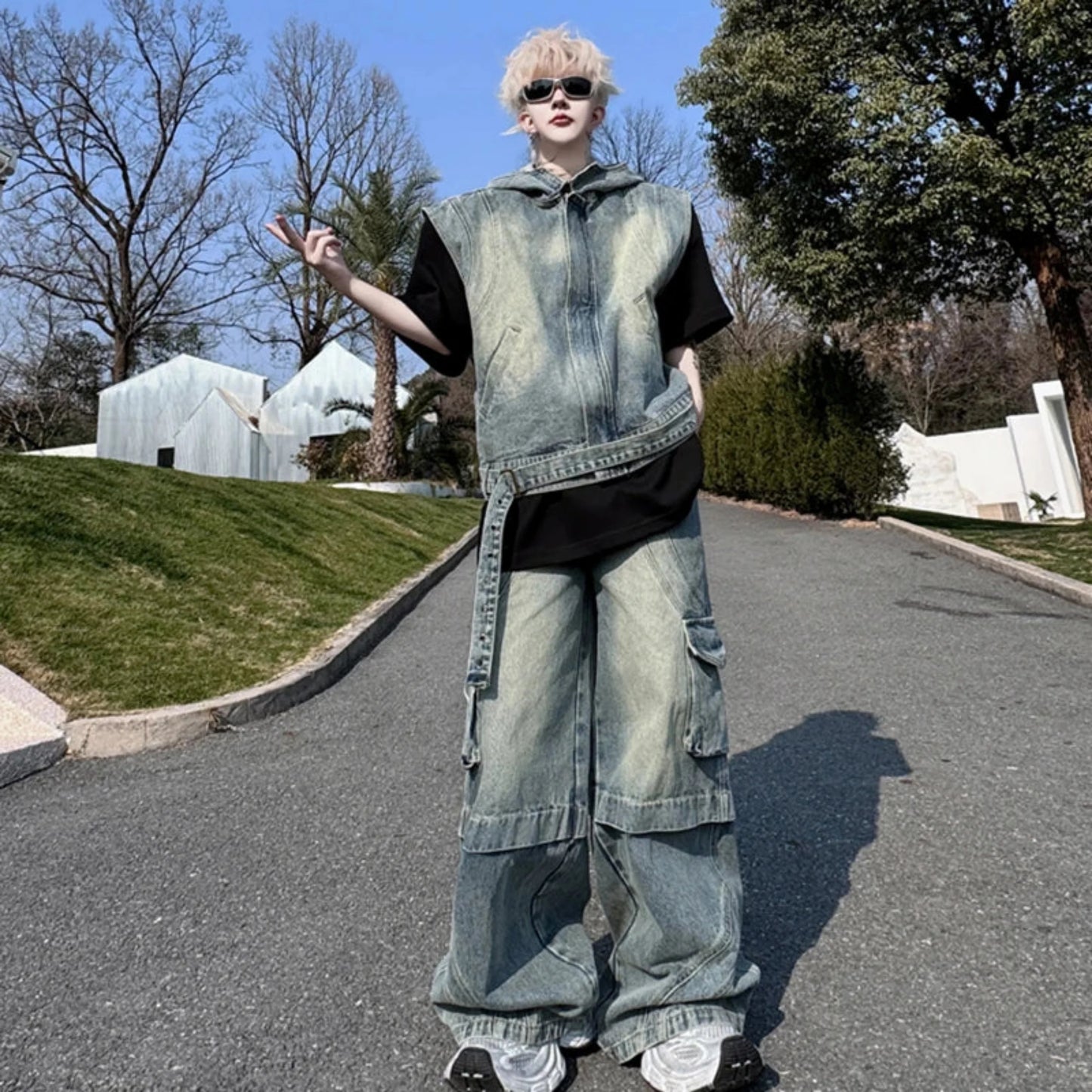 Men's Denim Hooded Vest & Wide-Leg Cargo Pants