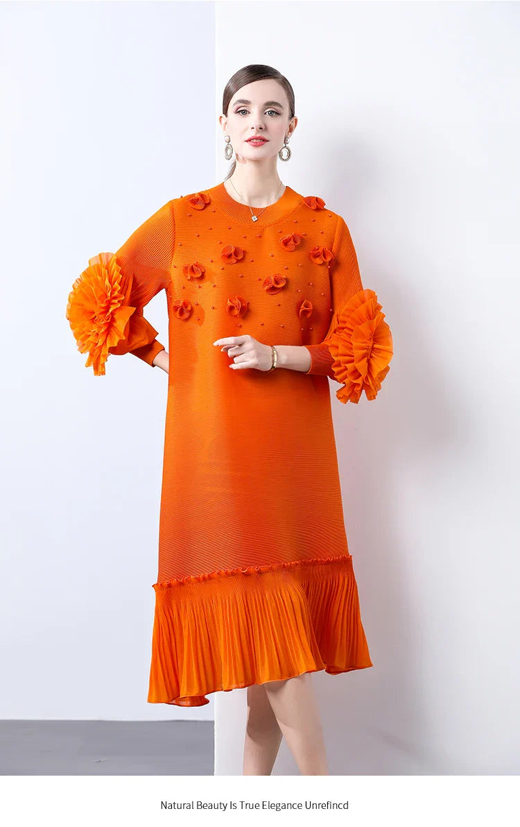 Cocktail Party Dress - Pleated Midi, Statement Sleeves