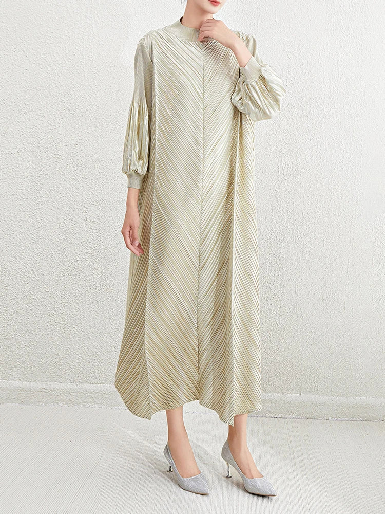 Metallic Pleated Midi Dress with Mock Neck & Bishop Sleeves