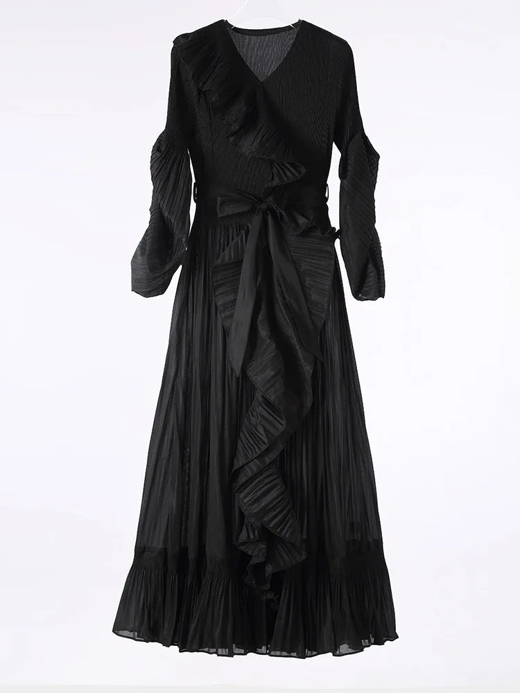 Pleated Plissé Ruffle Trim Maxi Dress