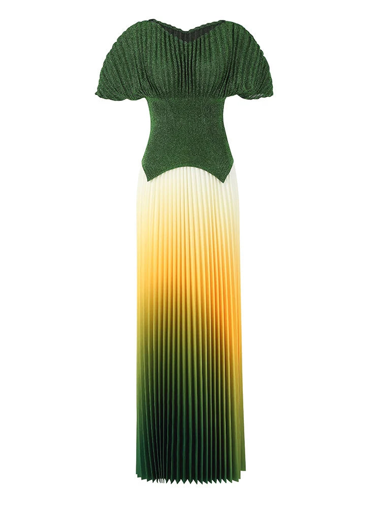 Metallic Pleated Top & Plisse Maxi Skirt Set