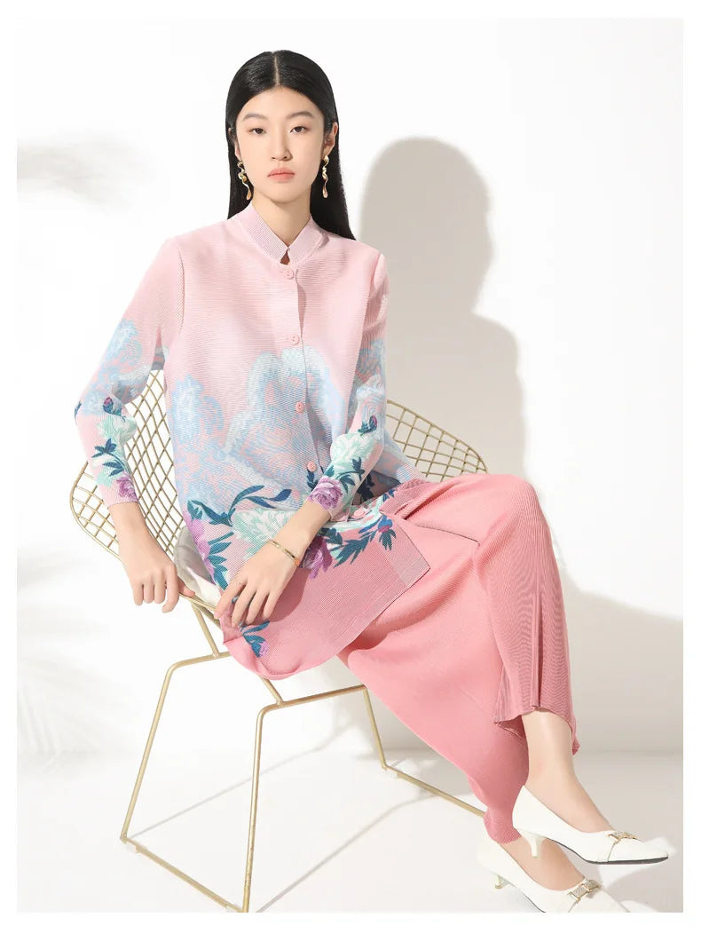 Luxury Floral Pleated Blouse & Wide-Leg Pant Set