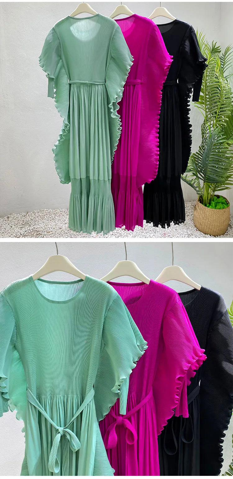Designer Pleated Midi Dress - Ruffle Detail