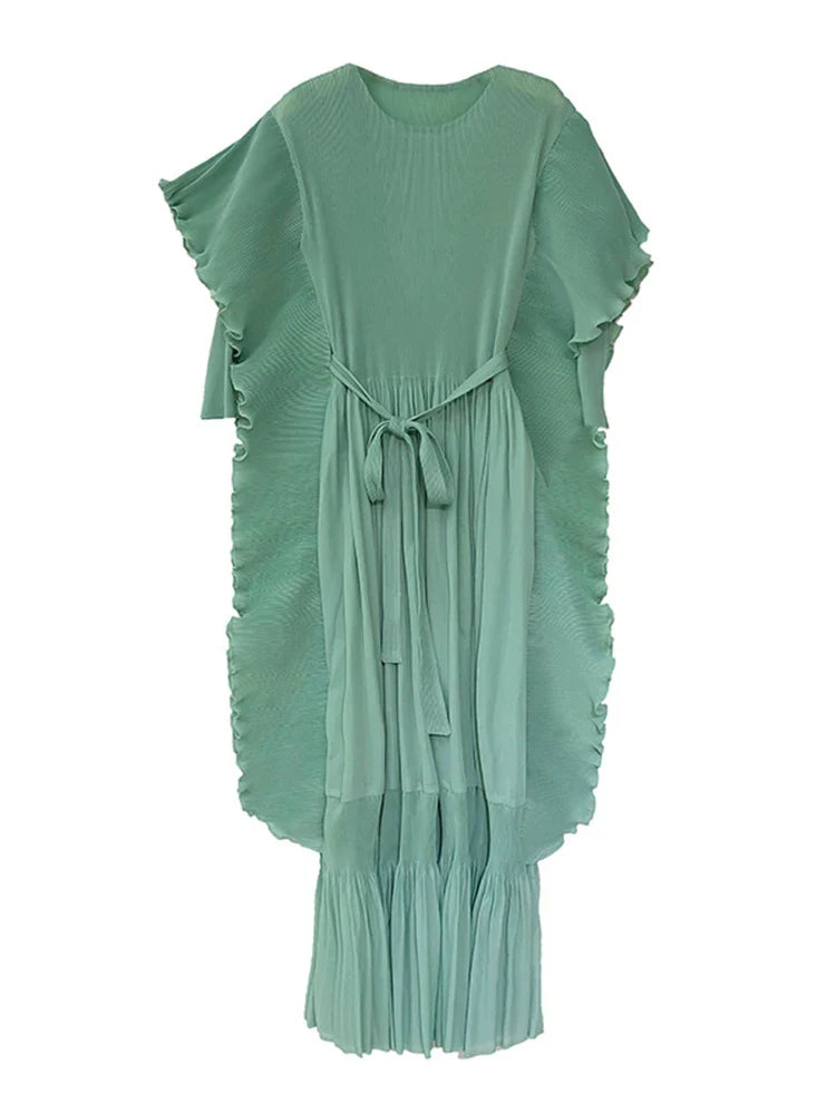 Designer Pleated Midi Dress - Ruffle Detail