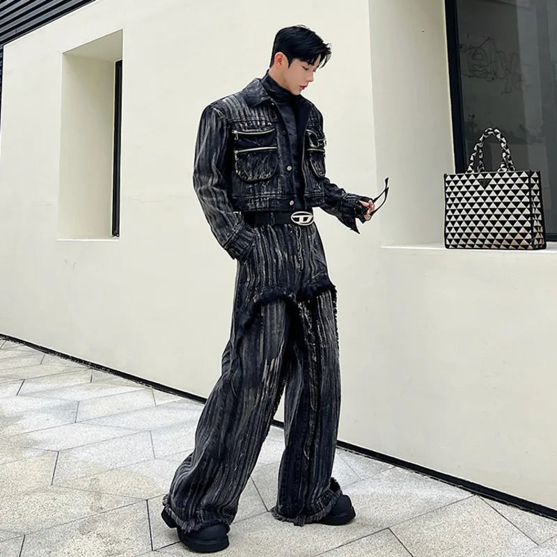 Men's Black Denim 2-Piece Set High Streetwear