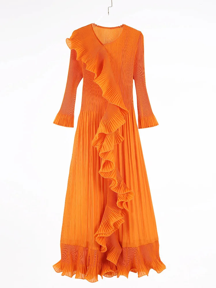Luxurious Plissé Pleated 3D Ruffles Midi Dress