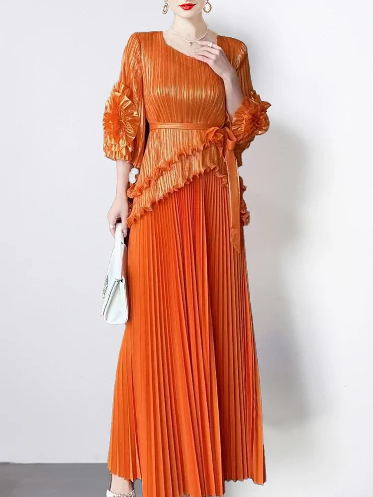 Statement Ruffle Sleeve and Pleated Skirt Ensemble