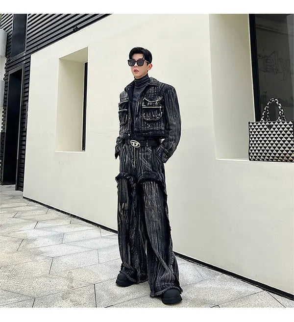 Men's Black Denim 2-Piece Set High Streetwear