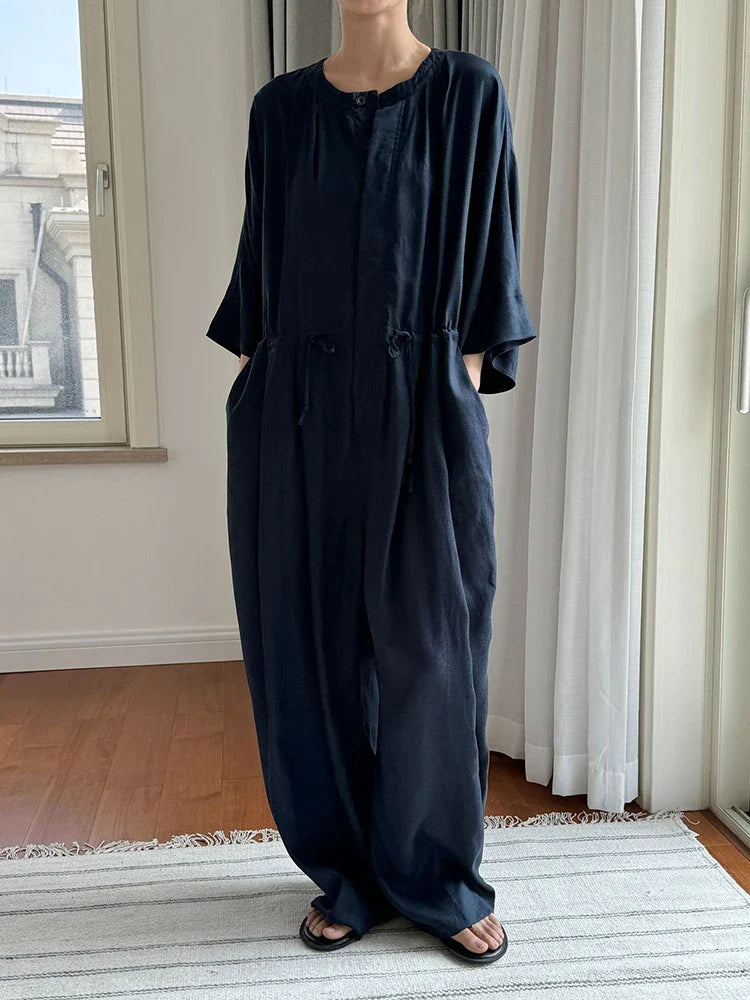 Oversized Linen Blend Jumpsuit - Wide Leg