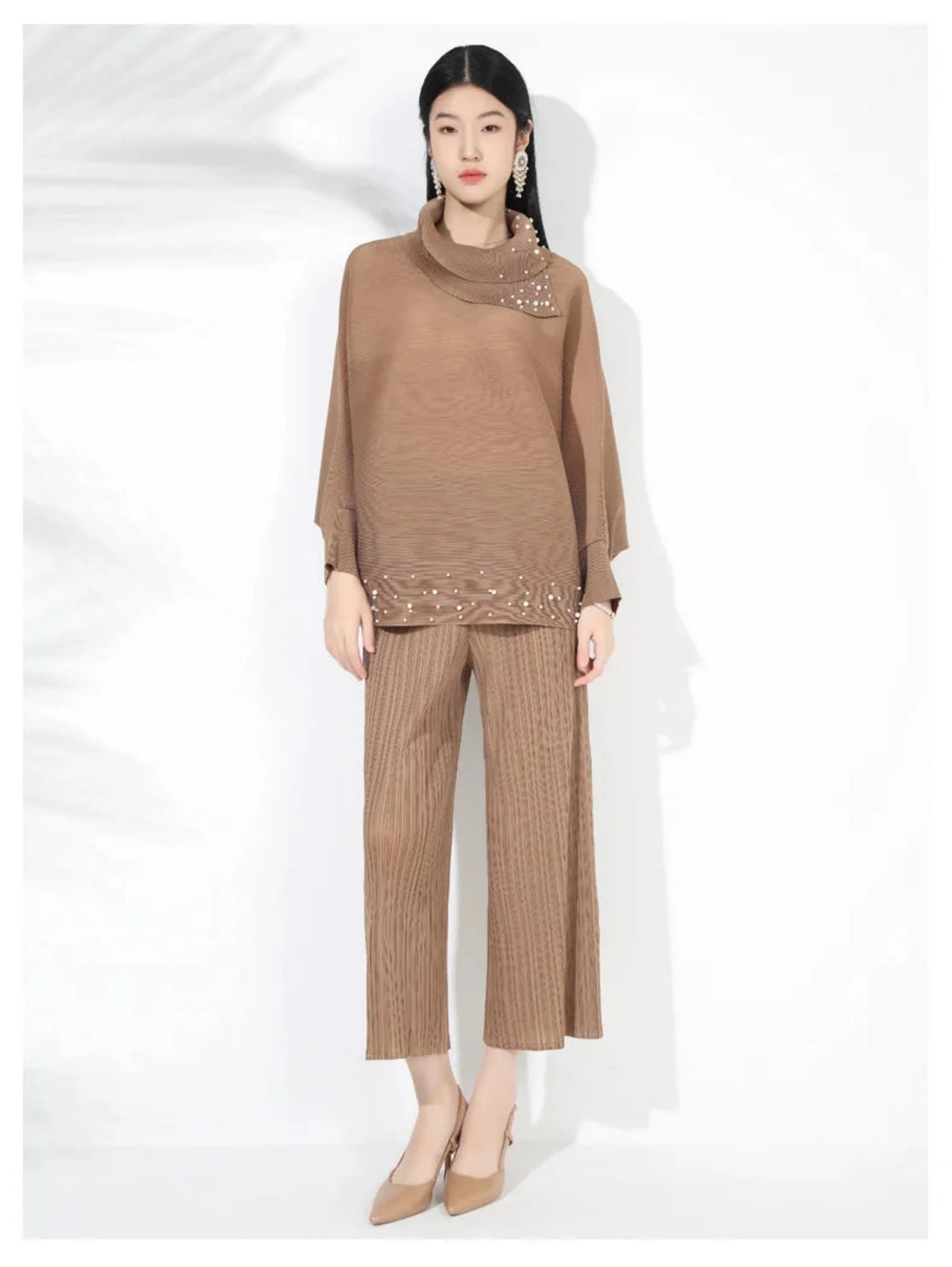 Elegant Beaded Plissé Pleated Sweater & Pant Set