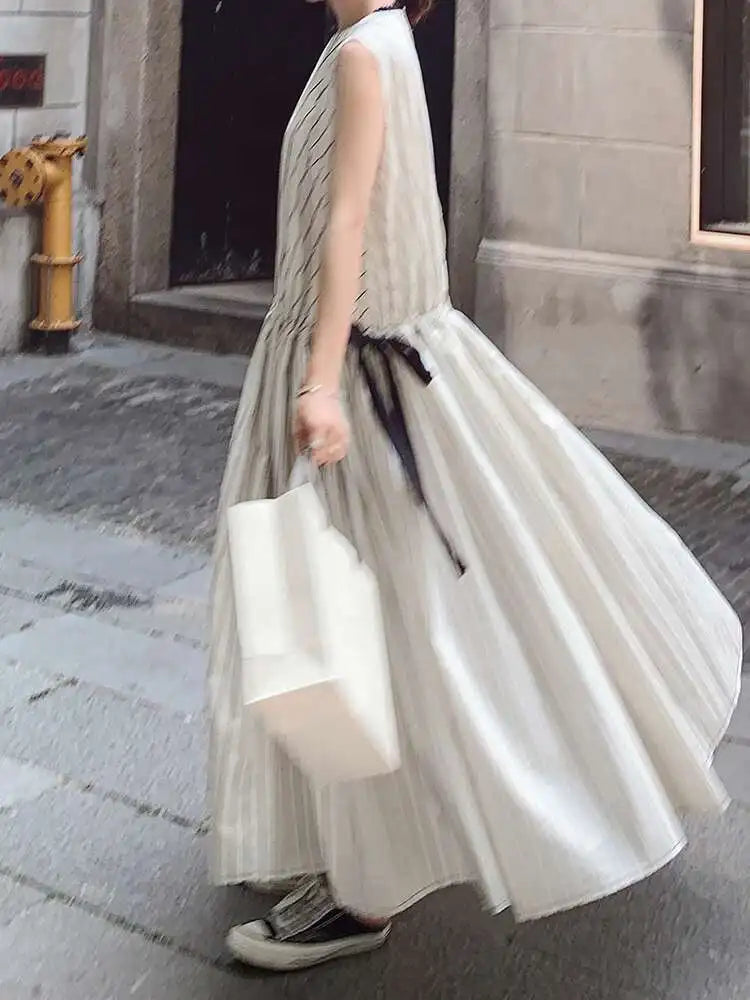 Cotton Sleeveless Striped Dress with Button Back