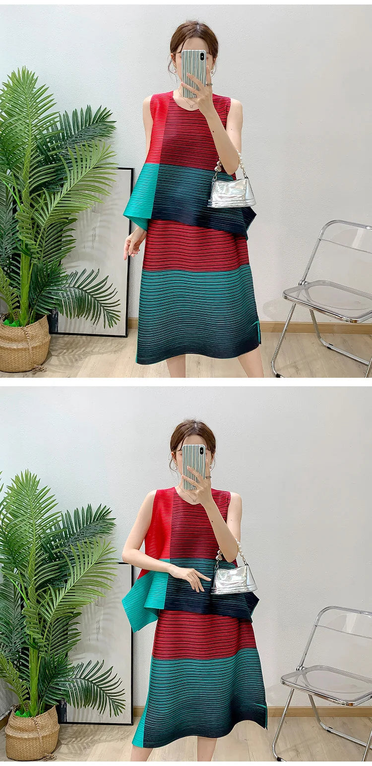 Asymmetric Pleated Sleeveless Top & Skirt