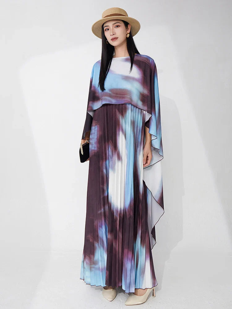 Pleated Watercolor Cape Dress