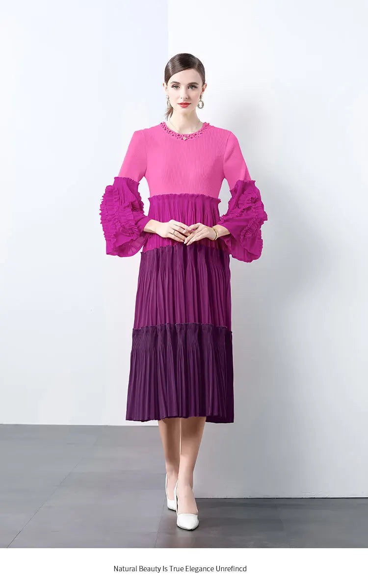 Ombre Pleated Dress - Ruffle Sleeve