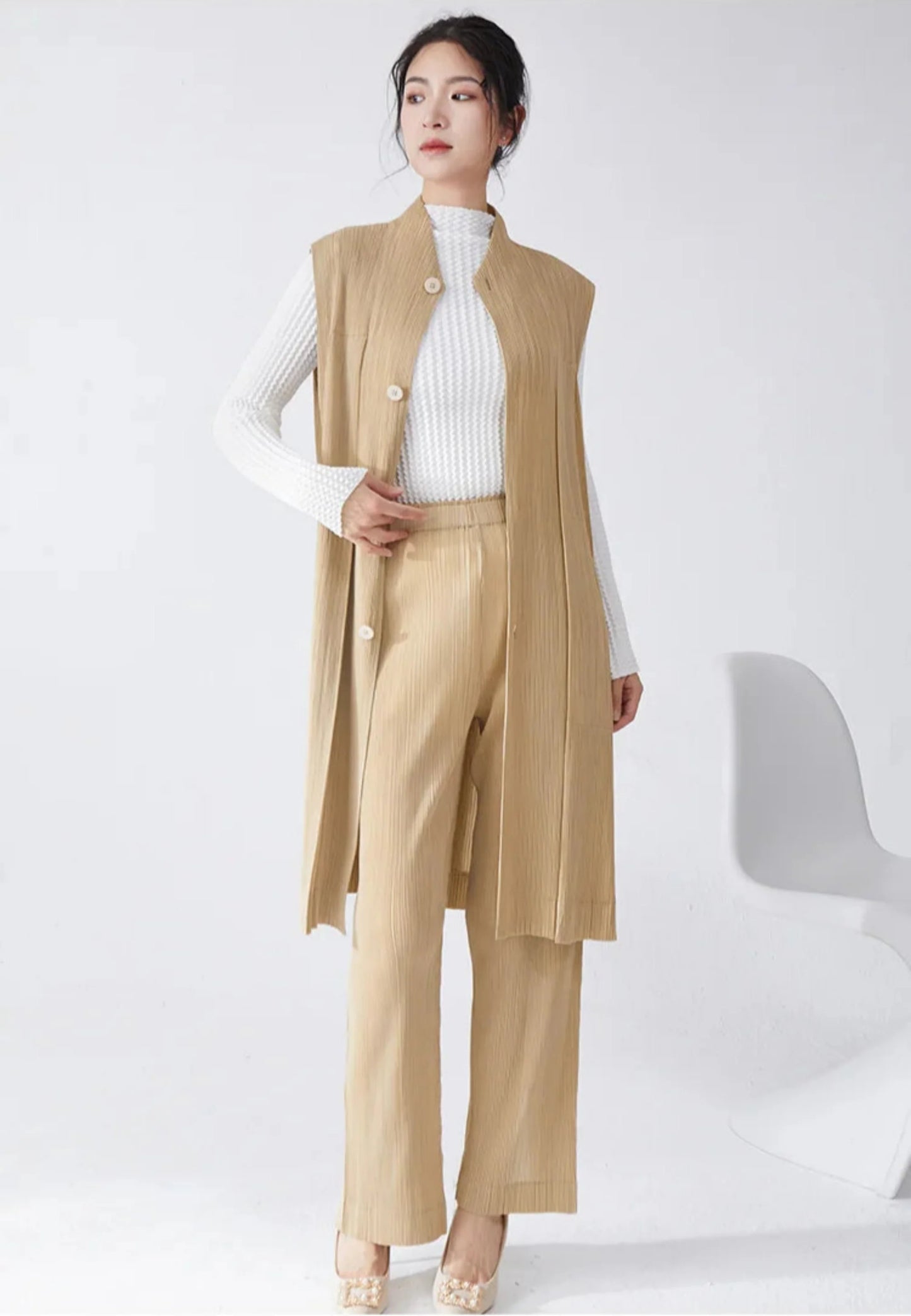 Luxe Pleated Longline Vest & Pull-on Pants Set
