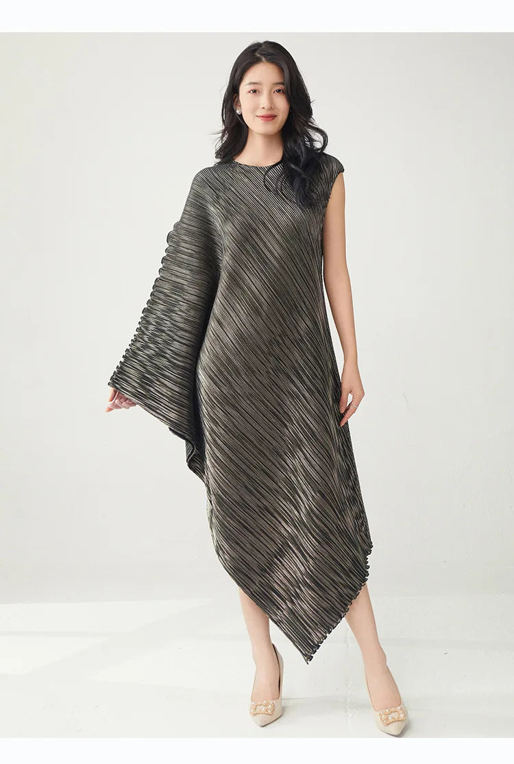 Pleated Asymmetric Dress - Unique Textured Drape