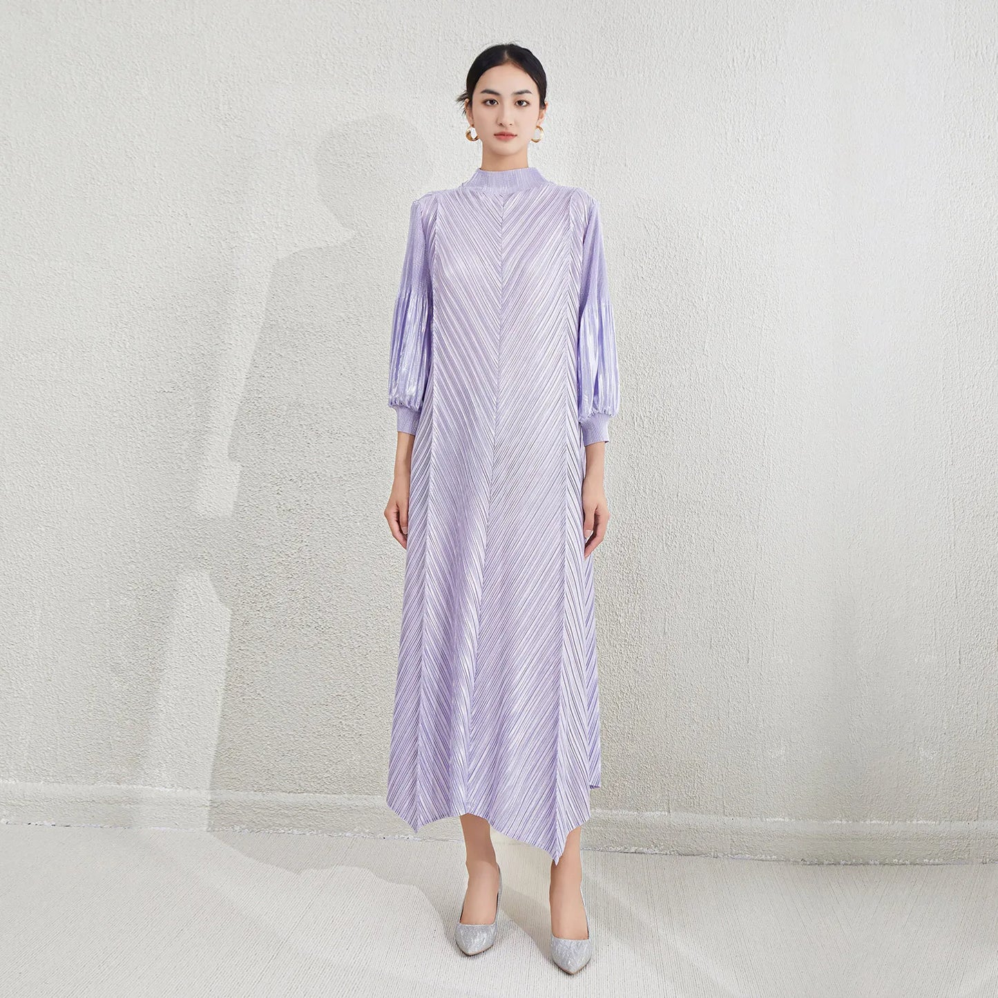 Metallic Pleated Midi Dress with Mock Neck & Bishop Sleeves
