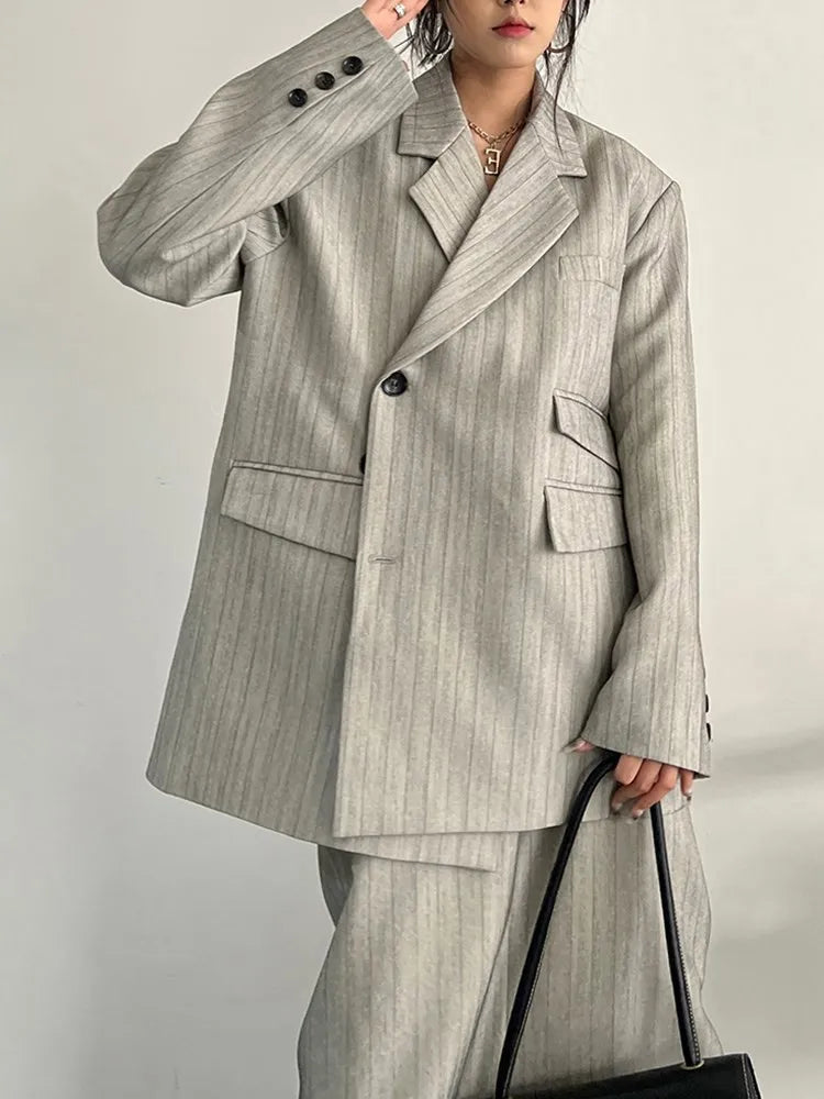 Asymmetrical Pinstripe Blazer & Maxi Skirt Suit