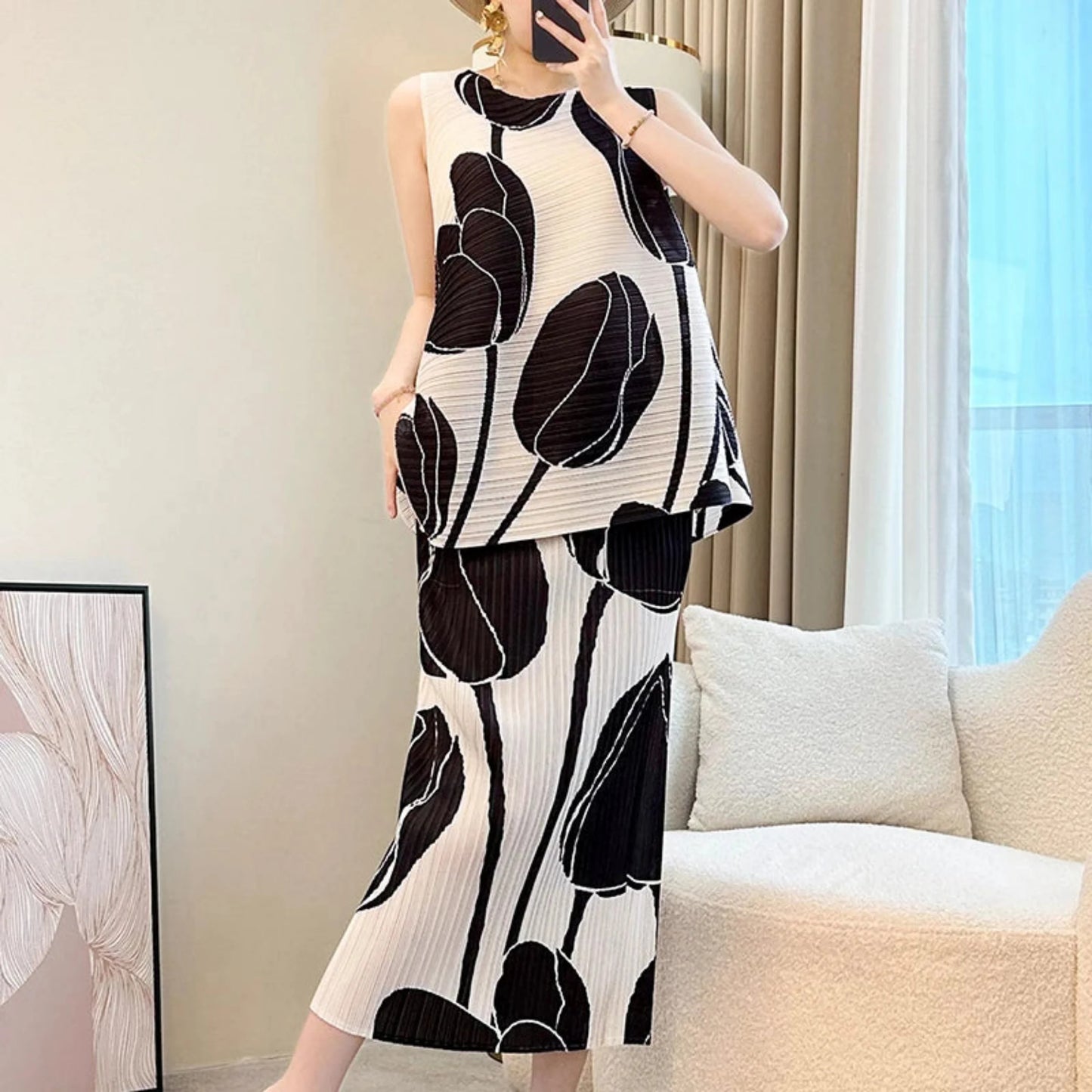 Pleated Tulip Sleeveless Top & Skirt Set