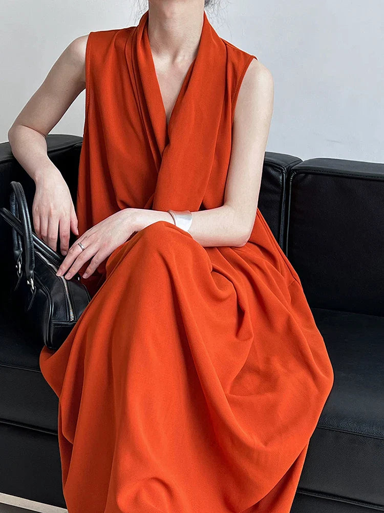 Elegant Draped Sleeveless Midi Dress with Pockets
