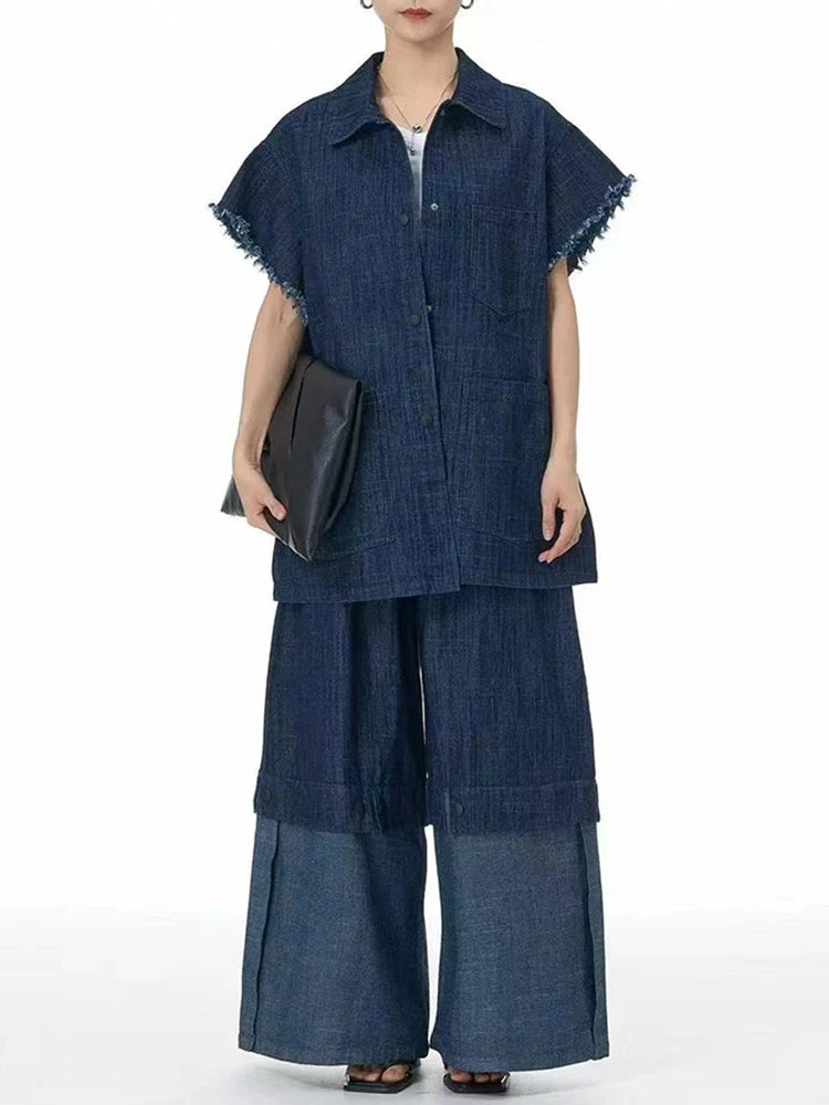 Cotton Denim Wide-Leg Pants with Elastic Waistband