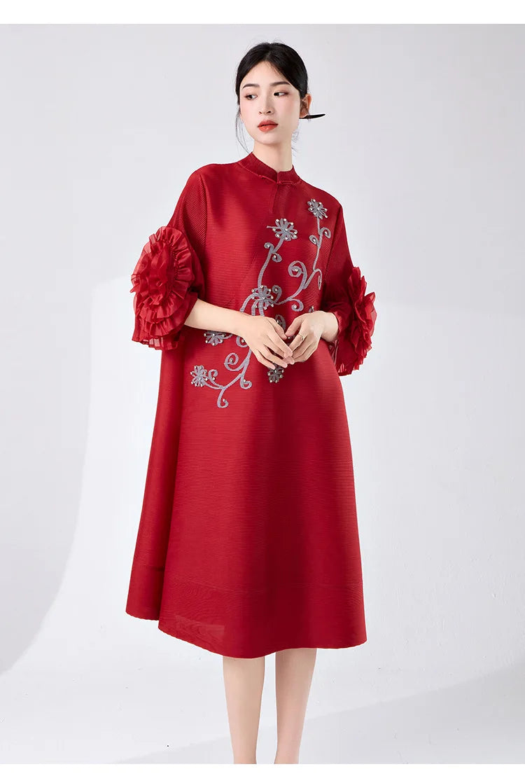 Women's Pleated Dress with Ruffle Sleeves �Elegant & Stylish