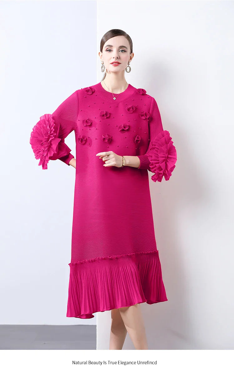 Cocktail Party Dress - Pleated Midi, Statement Sleeves
