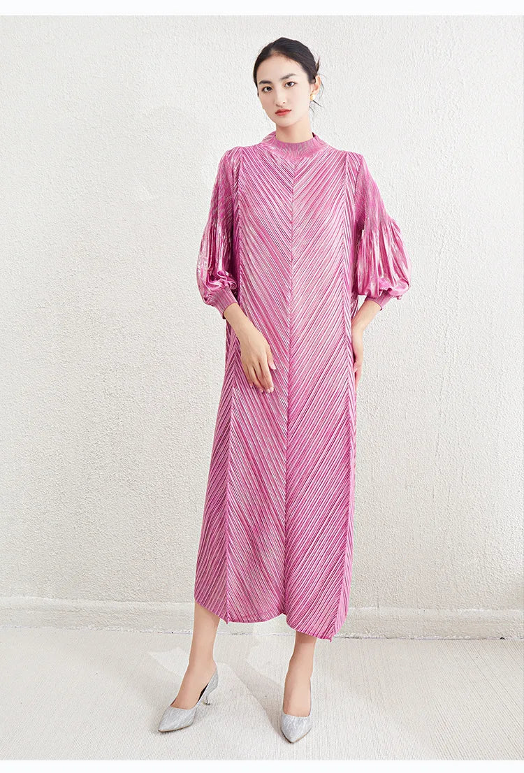 Metallic Pleated Midi Dress with Mock Neck & Bishop Sleeves