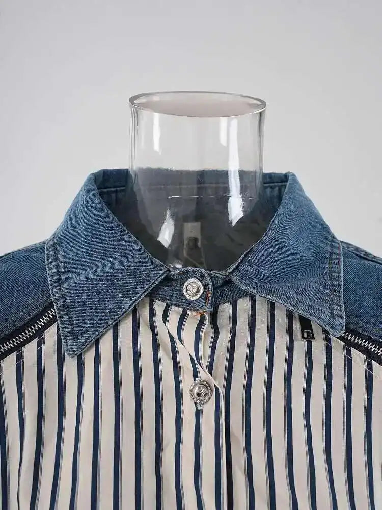 Denim Ruched Stripe Blouse